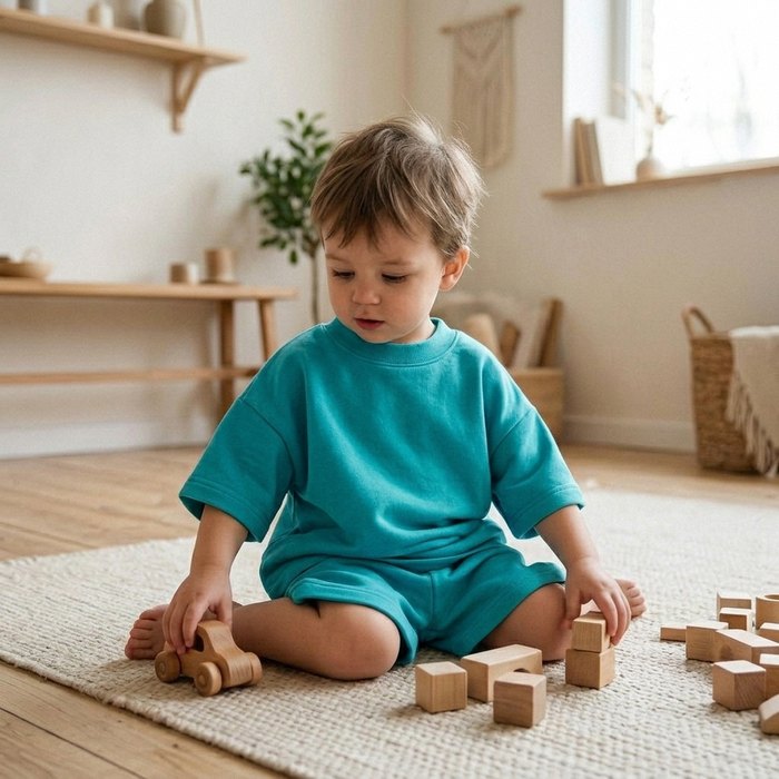 Criança brincando em casa com o Conjunto Oversize Banim, cor Jade