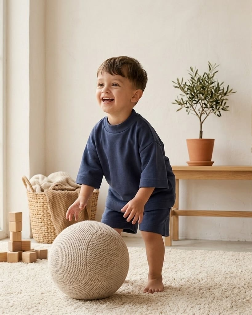 Menino rindo e brincando com uma bola na sala, vestindo o conjunto oversize Índigo da Banim